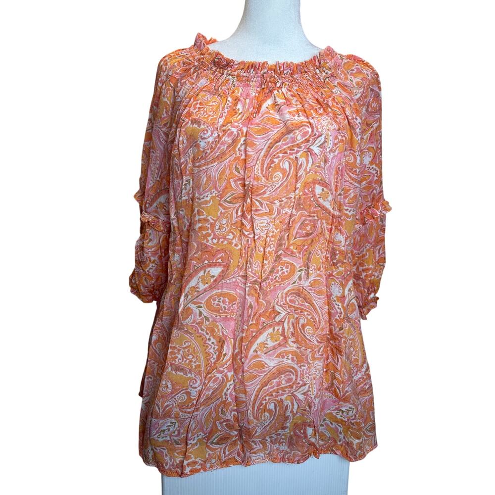 Nanette Lepore Womens XL Blouse Ruffle Puff Sleeve Orange Paisley Summer Boho